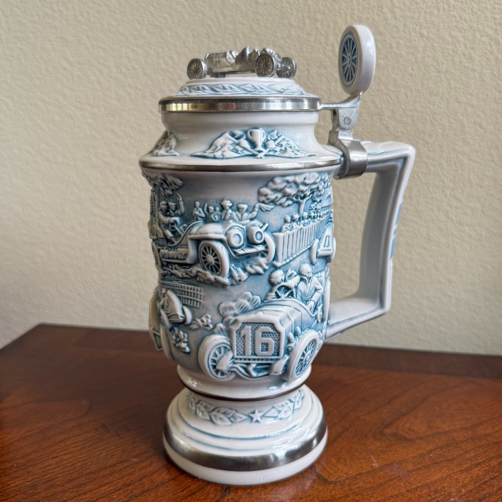 Vintage Blue and White Ceramic racing Beer Stein